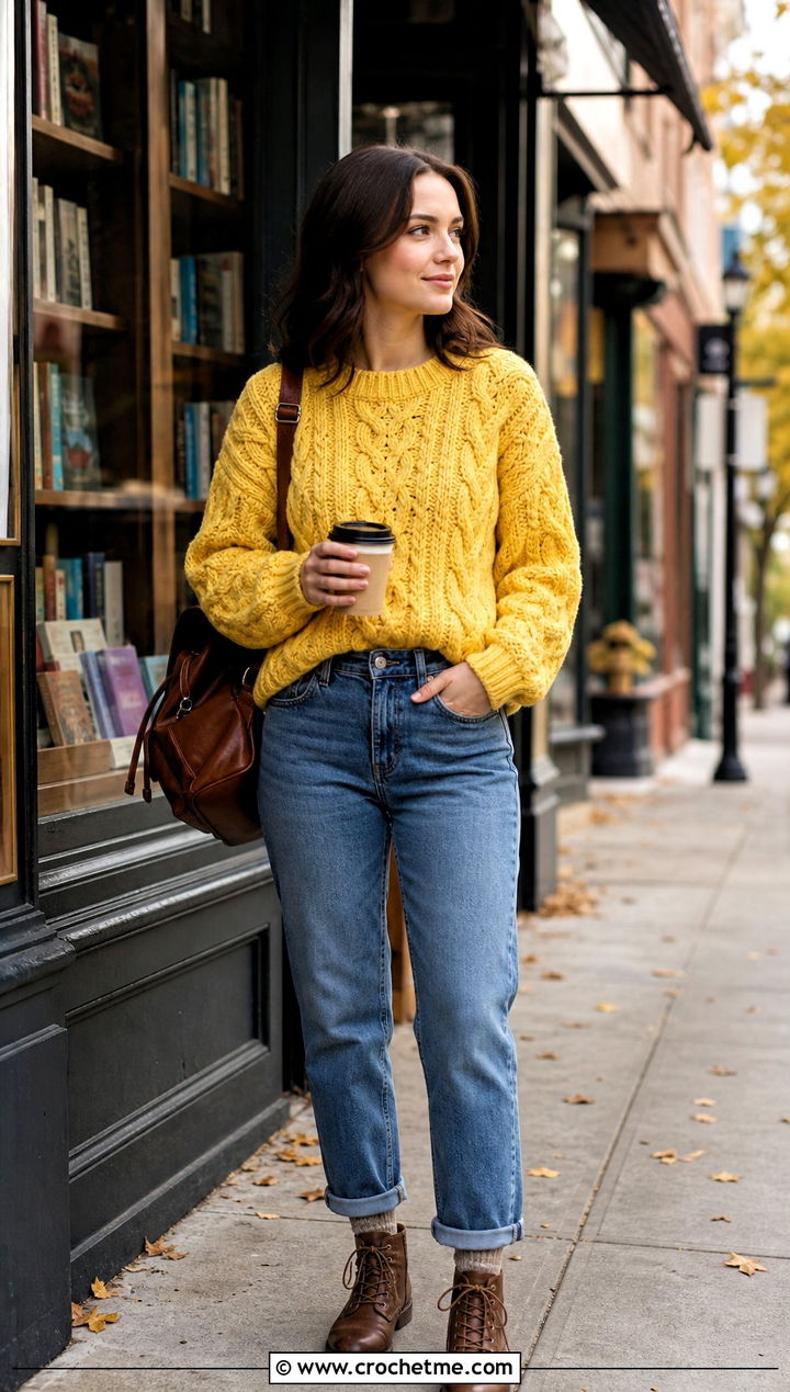 Chunky Cable Crochet Rory Gilmore Sweater With Straight Leg Jeans - 25 crochet rory gilmore sweater outfit ideas