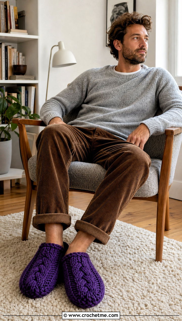 Chunky Cable Crochet Slippers With Sweater And Corduroy Pants - 30 easy mens crochet slippers outfit ideas