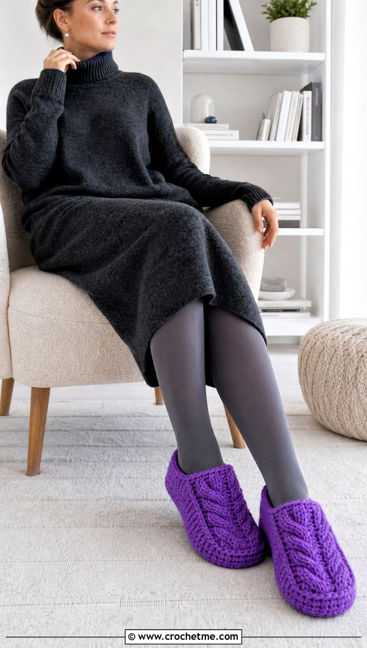 Chunky Cable Crochet Slippers With Sweater Dress - 25 Cute Crochet Slippers outfit ideas