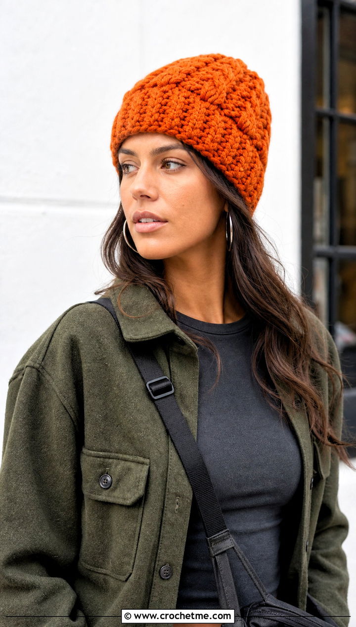 Chunky Cable Crochet Toque With Cargo Pants - 25 Cable Knit Crochet Hat outfit ideas