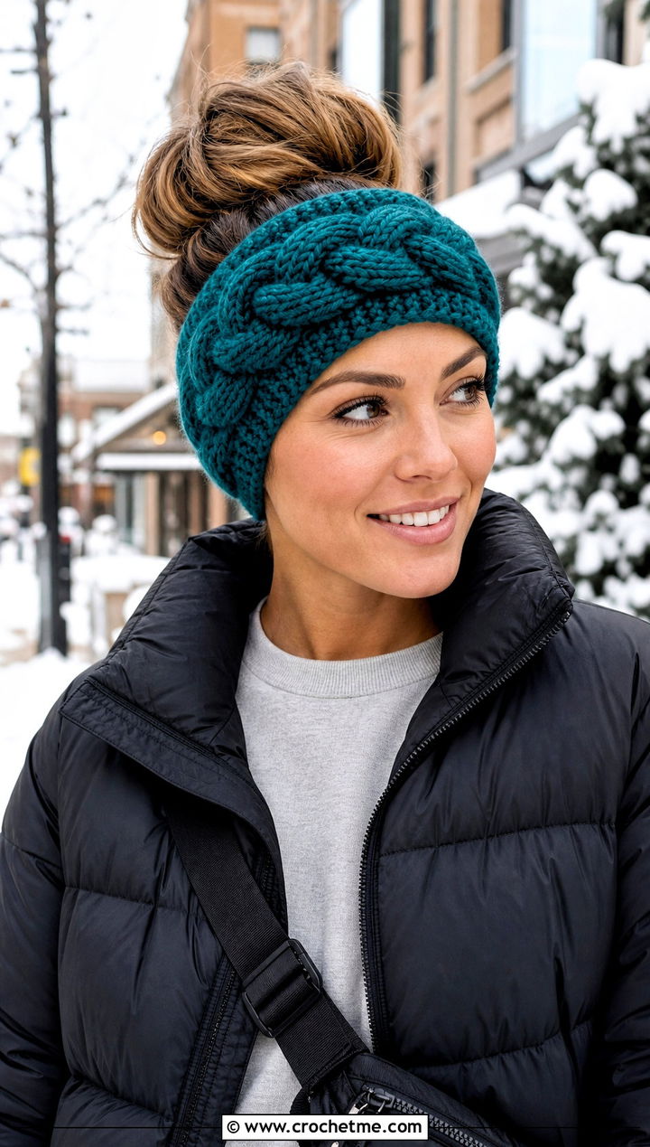 Chunky Cable Headband With Puffer Jacket - 25 crochet cable headband outfit ideas