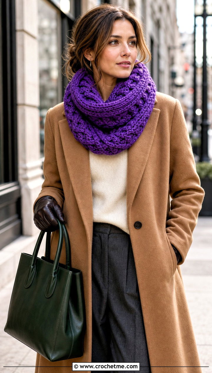 Chunky Cable Look Crochet Infinity Scarf With Wool Coat - 20 Chunky Crochet Infinity Scarf outfit ideas
