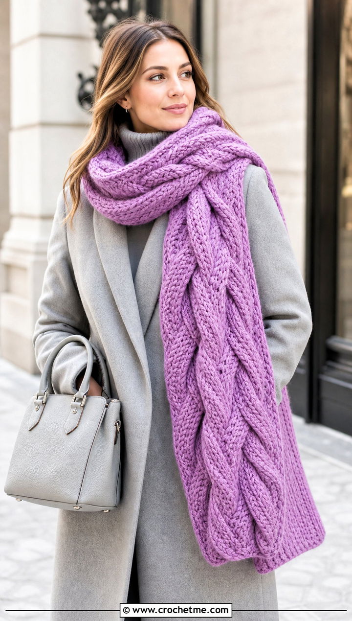 Chunky Cable Look Crochet Scarf With Monochrome Knitwear - 25 Chunky Yarn Crochet Scarf outfit ideas