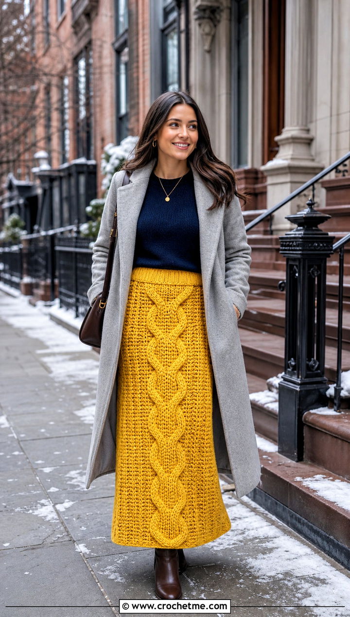 Chunky Cable Maxi Skirt With Fitted Sweater And Wool Coat - 15 crochet cable skirt outfit ideas