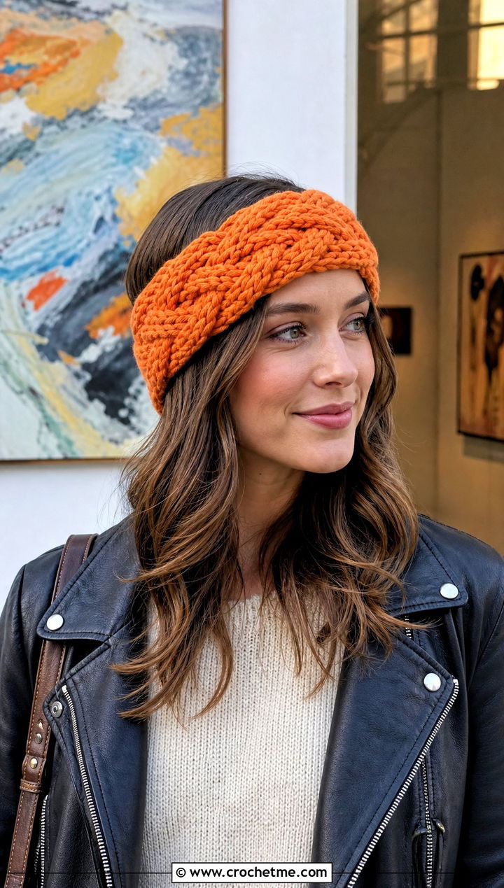 Chunky Cable Stitch Crochet Ear Warmer With Leather Jacket - 15 Cable Stitch Crochet Headband outfit ideas