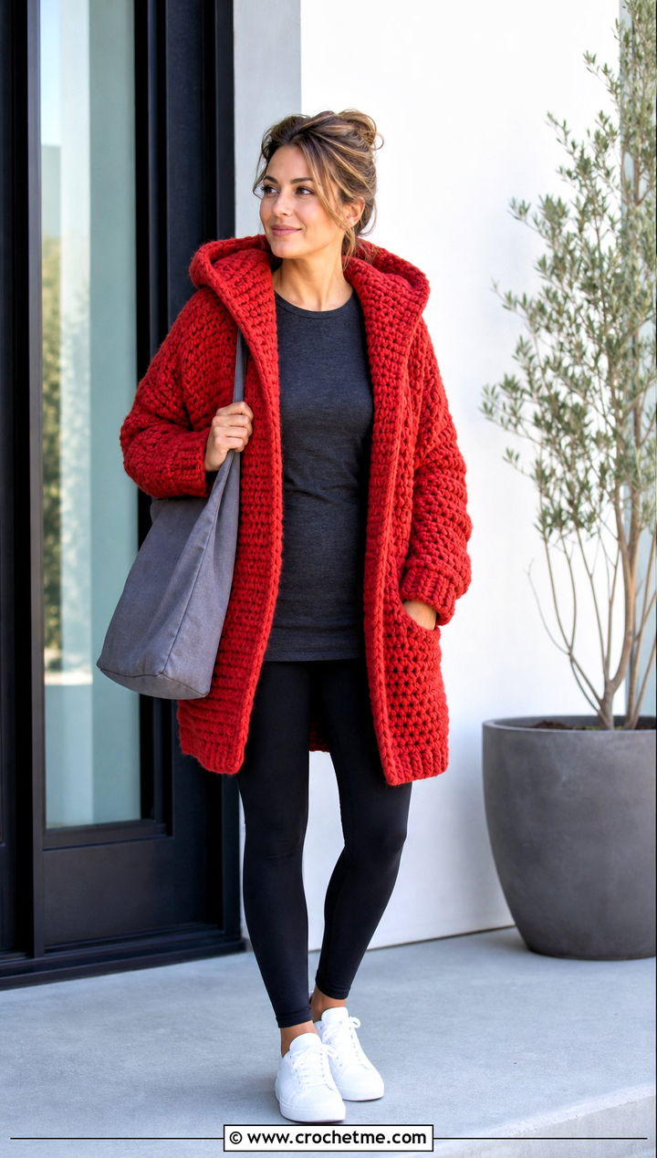 Chunky Campfire Cardigan With Leggings - 30 crochet campfire cardigan outfit ideas