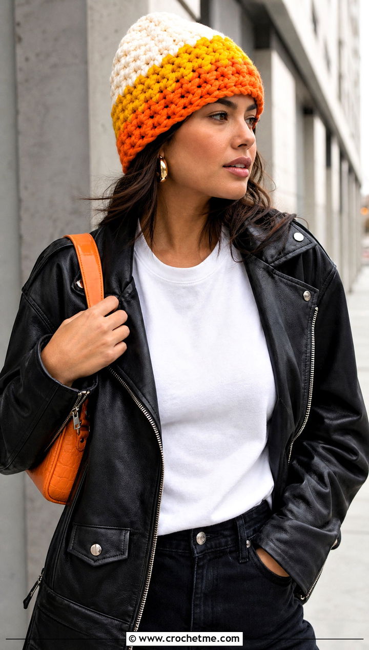 Chunky Candy Corn Crochet Beanie With Leather Jacket - 15 candy corn crochet beanie outfit ideas