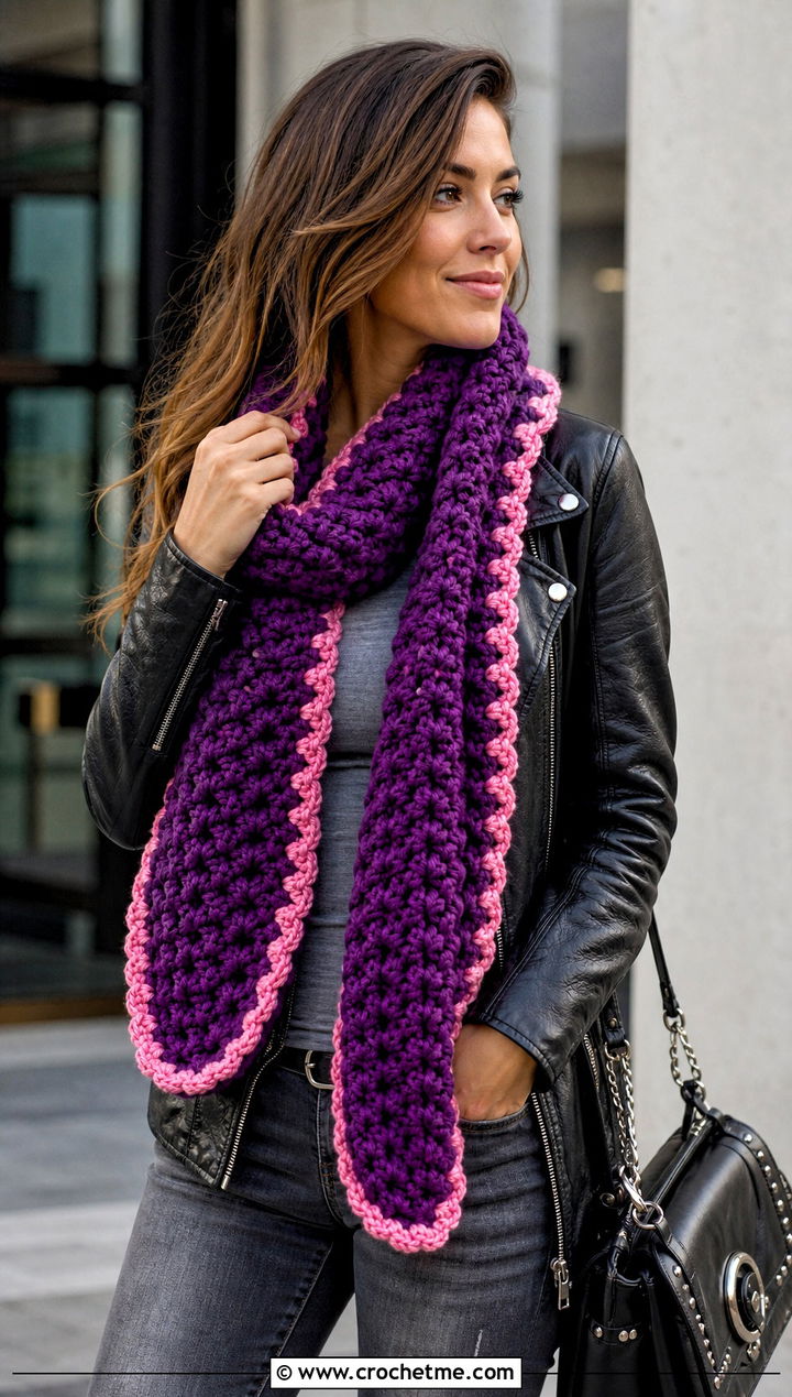 Chunky Candy Scarf With Leather Jacket - 15 crochet candy scarf outfit ideas