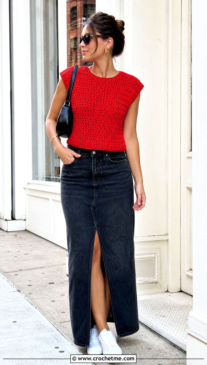 Chunky Cap Sleeve Crochet Top With Denim Maxi Skirt - 15 Chunky Crochet Top outfit ideas