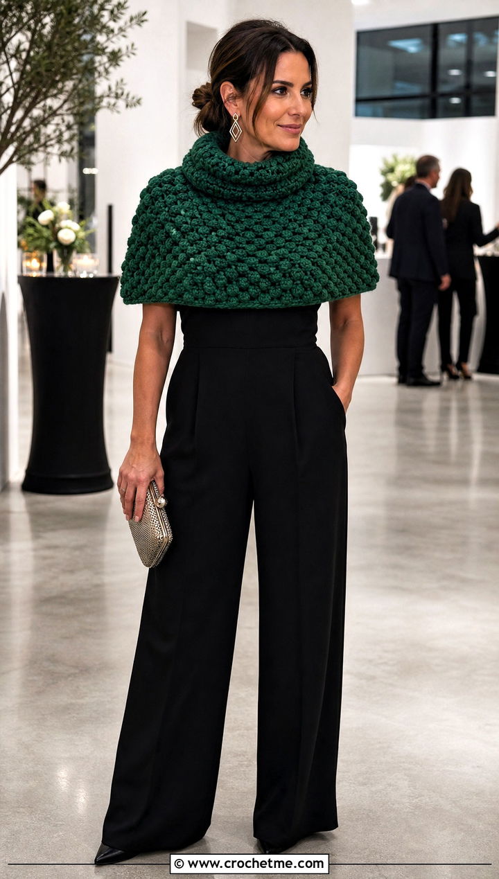Chunky Capelet Crochet Cowl With Evening Jumpsuit - 30 chunky crochet cowl outfit ideas