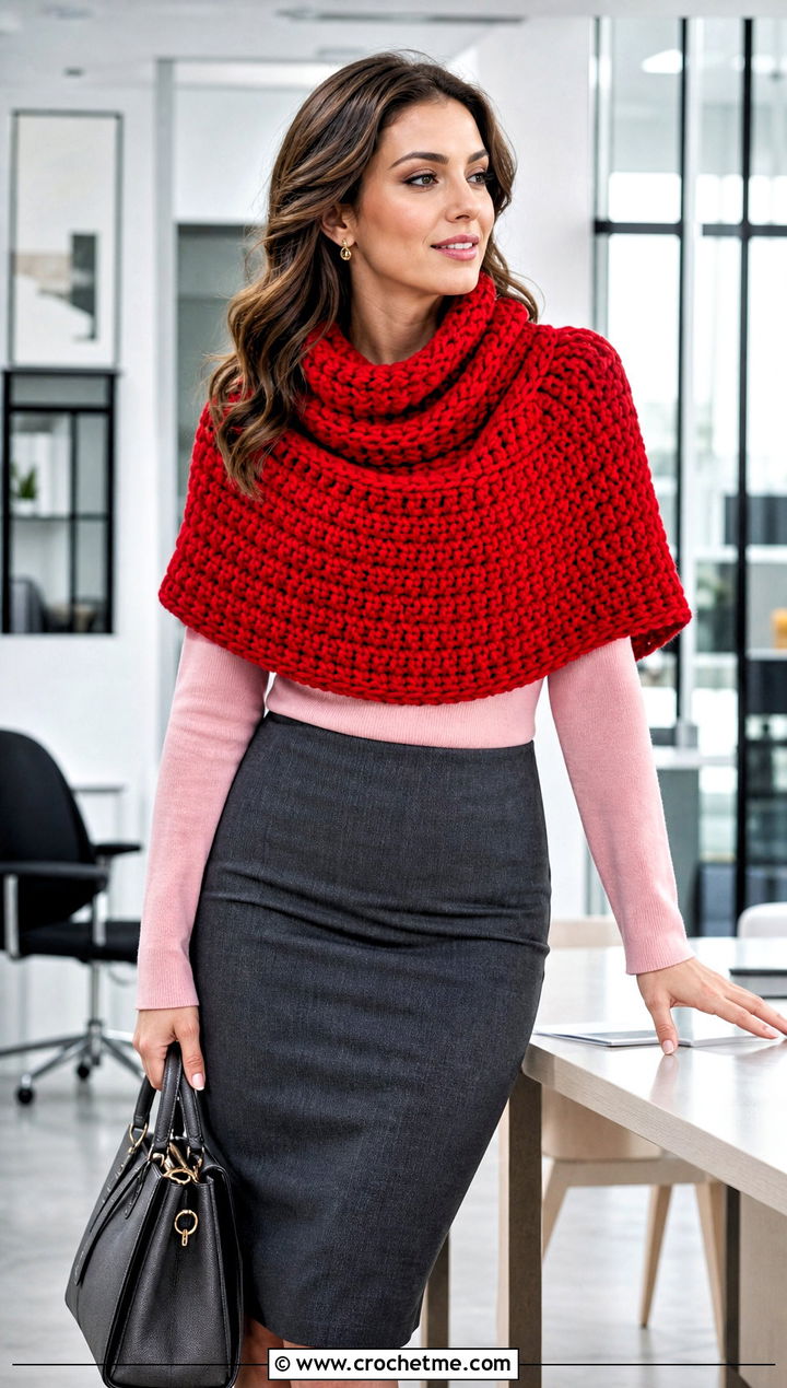 Chunky Capelet Shawl With Pencil Skirt - 25 Crochet Chunky Shawl outfit ideas