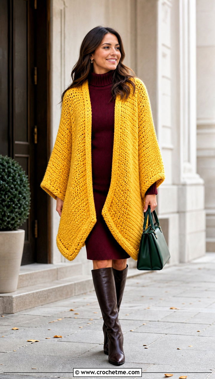 Chunky Cardigan Coat Hexagon Cardigan With Sweater Dress - 30 chunky crochet hexagon cardigan outfit ideas