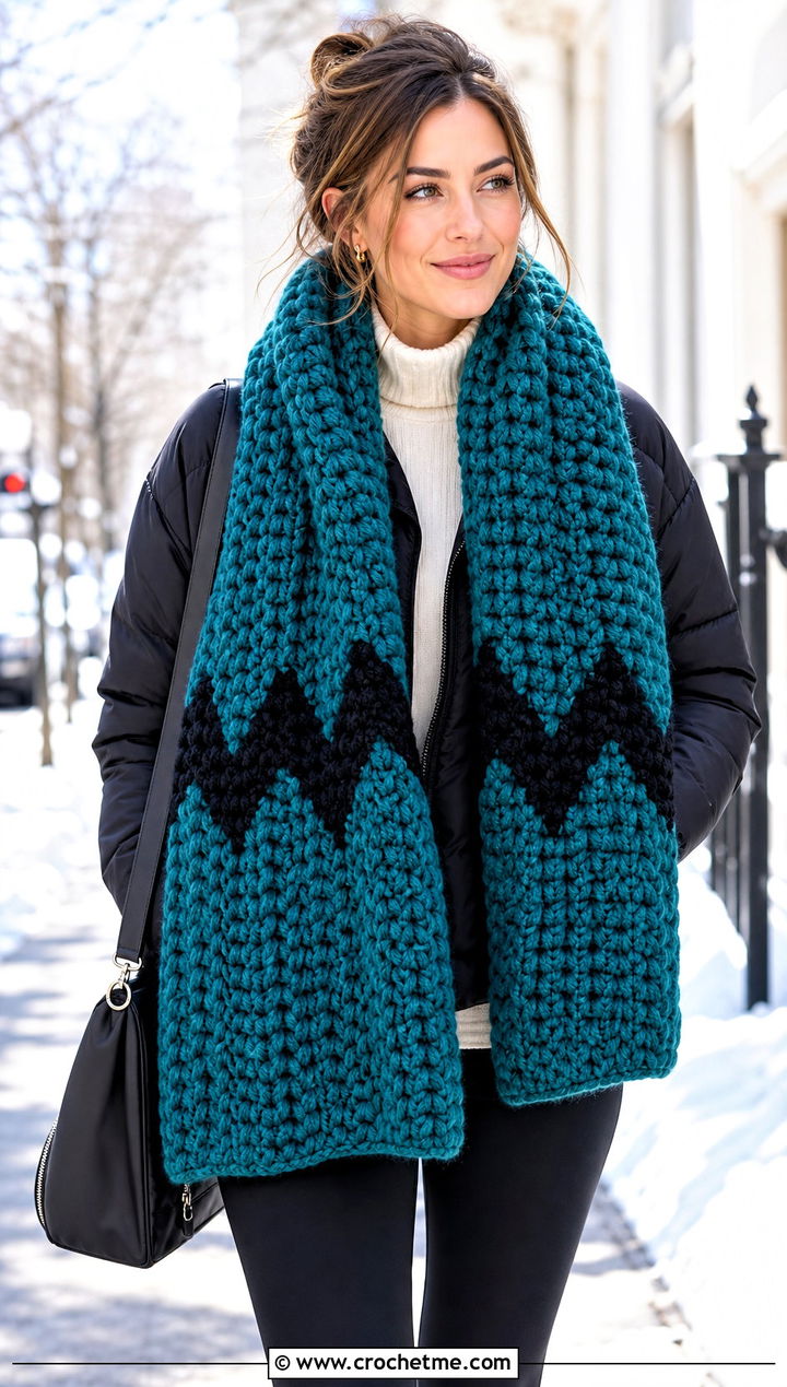 Chunky Charlie Brown Blanket Scarf With Puffer Jacket - 15 Crochet Charlie Brown Scarf outfit ideas