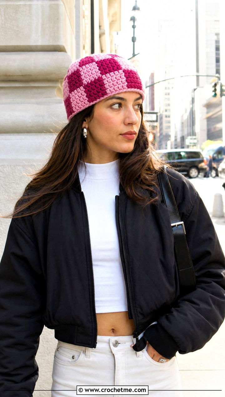 Chunky Checkerboard Crochet Beanie With Bomber Jacket - 30 chunky yarn crochet hat outfit ideas