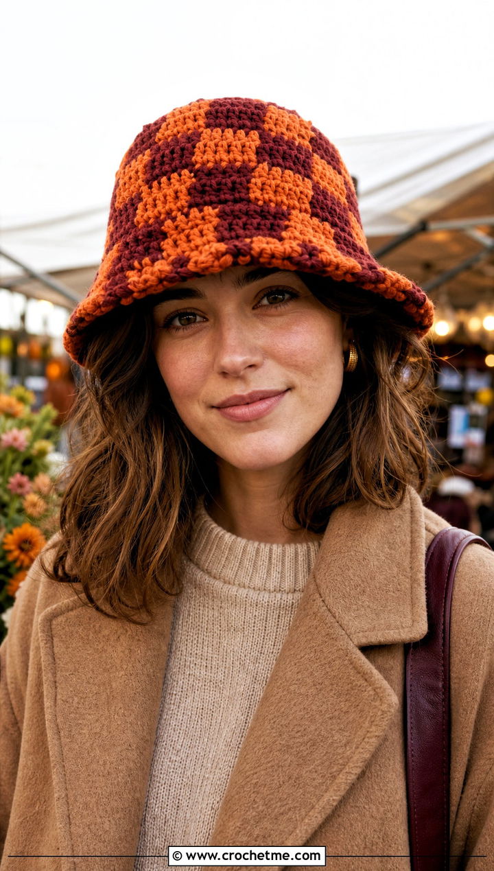 Chunky Checkerboard Crochet Bucket Hat With Sweater And Jeans - 20 checkerboard crochet bucket hat outfit ideas