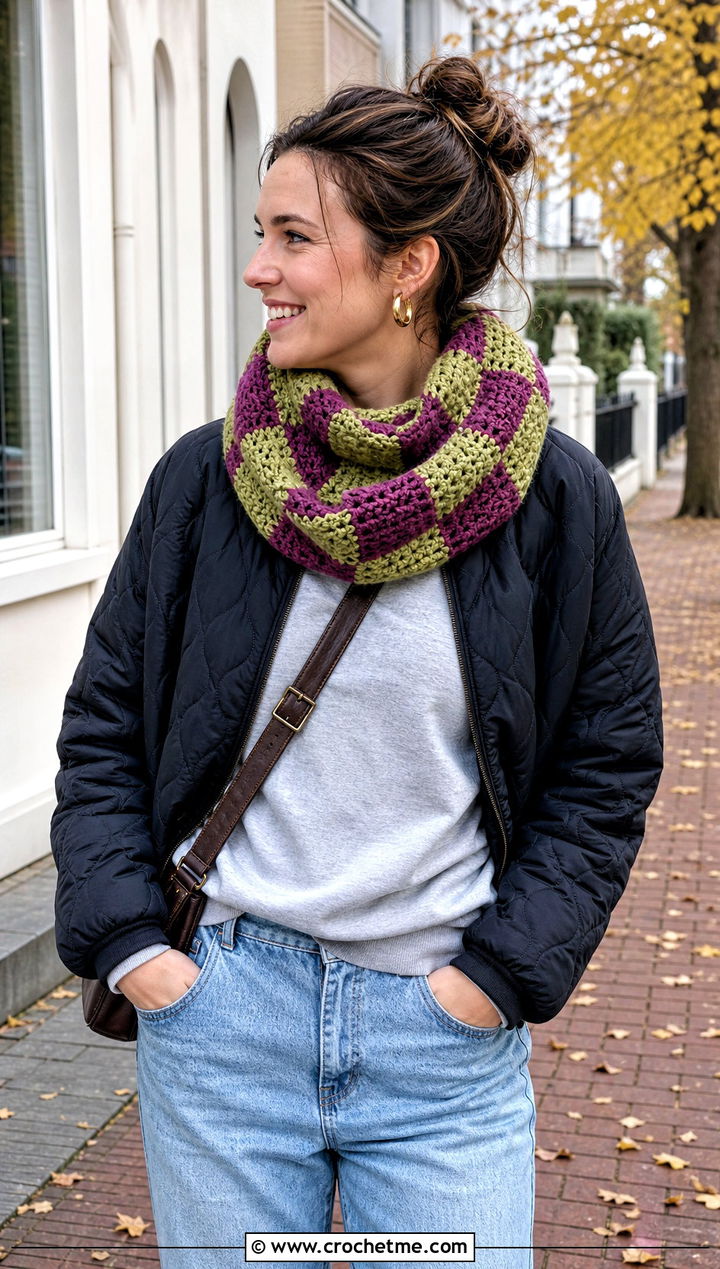 Chunky Checkerboard Crochet Cowl With Weekend Basics - 30 chunky crochet cowl outfit ideas