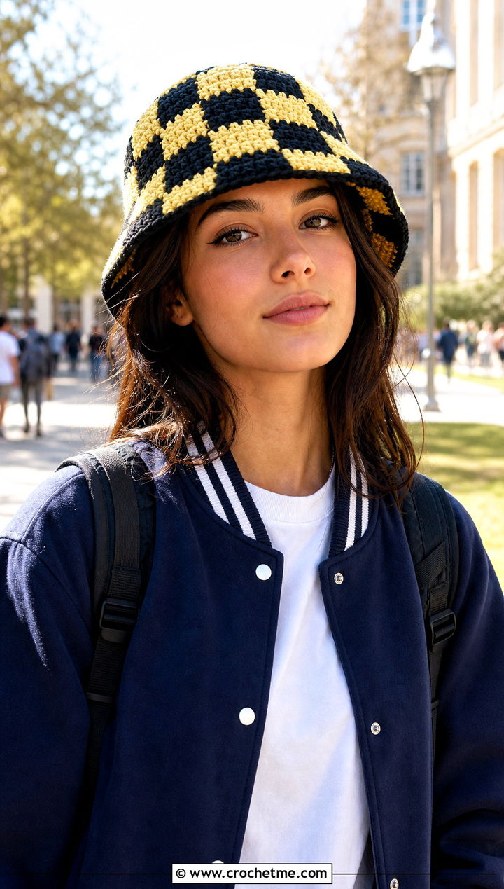 Chunky Checkerboard Crochet Hat With Varsity Jacket - 25 Easy Chunky Crochet Hat outfit ideas