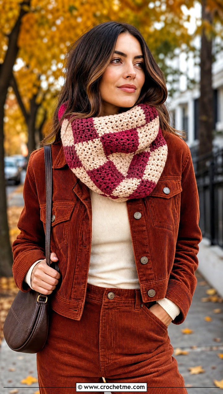Chunky Checkerboard Infinity Scarf With Corduroy Outfit - 20 Chunky Crochet Infinity Scarf outfit ideas
