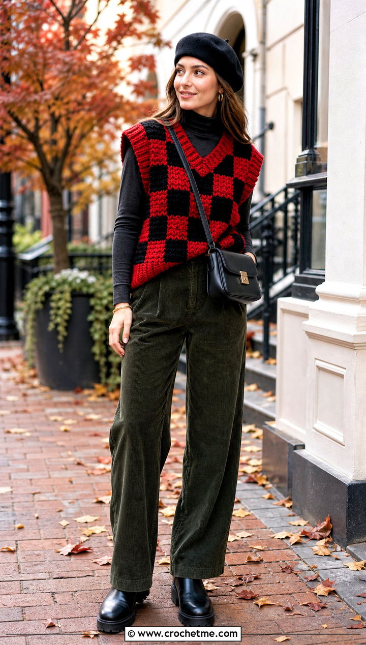 Chunky Checkerboard Vest With Turtleneck And Corduroy Pants - 15 Crochet Wednesday Addams Vest outfit ideas