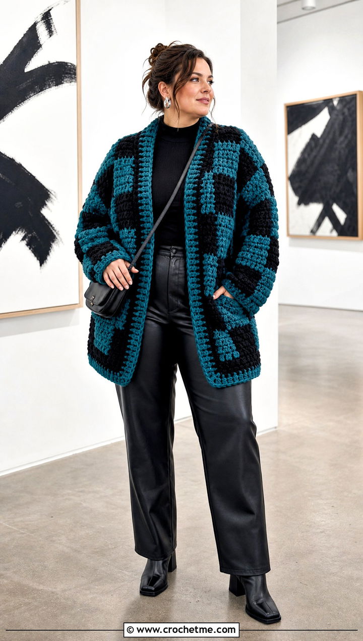 Chunky Checkered Crochet Cardigan With Leather Pants - 25 Checkered Crochet Cardigan outfit ideas