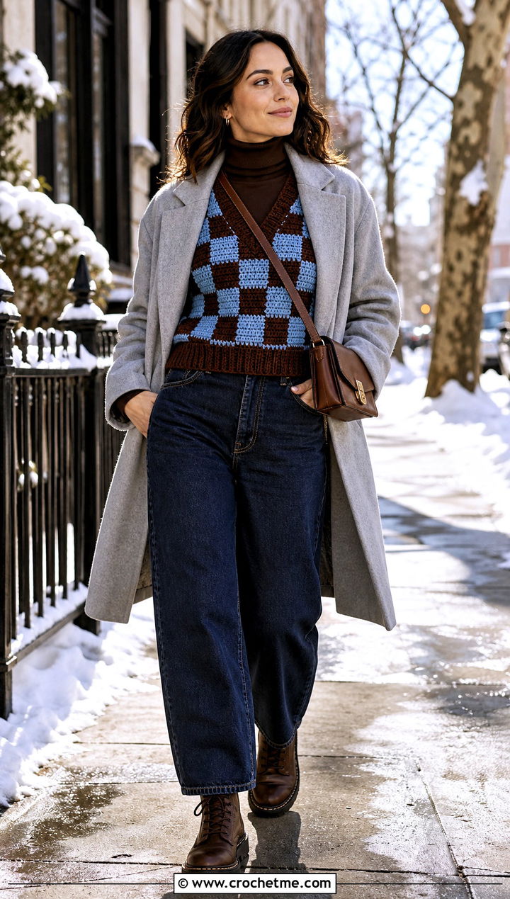 Chunky Checkered Crochet Sweater Vest With Turtleneck And Barrel Jeans - 15 Checkered Crochet Sweater Vest outfit ideas