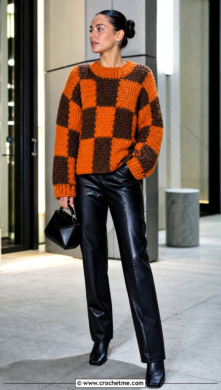 Chunky Checkered Crochet Sweater With Leather Pants - 30 checkered crochet sweater outfit ideas