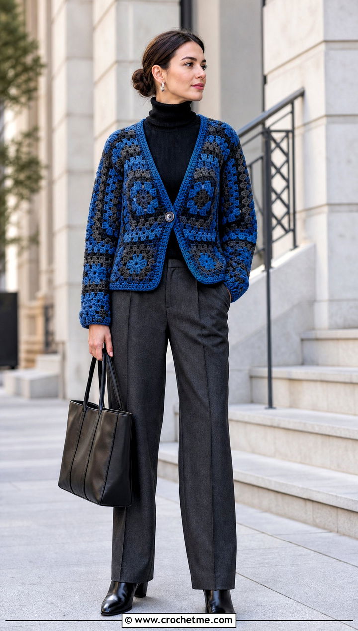 Chunky Checkered Granny Square Cardigan With Wool Trousers - 25 checkered granny square cardigan outfit ideas