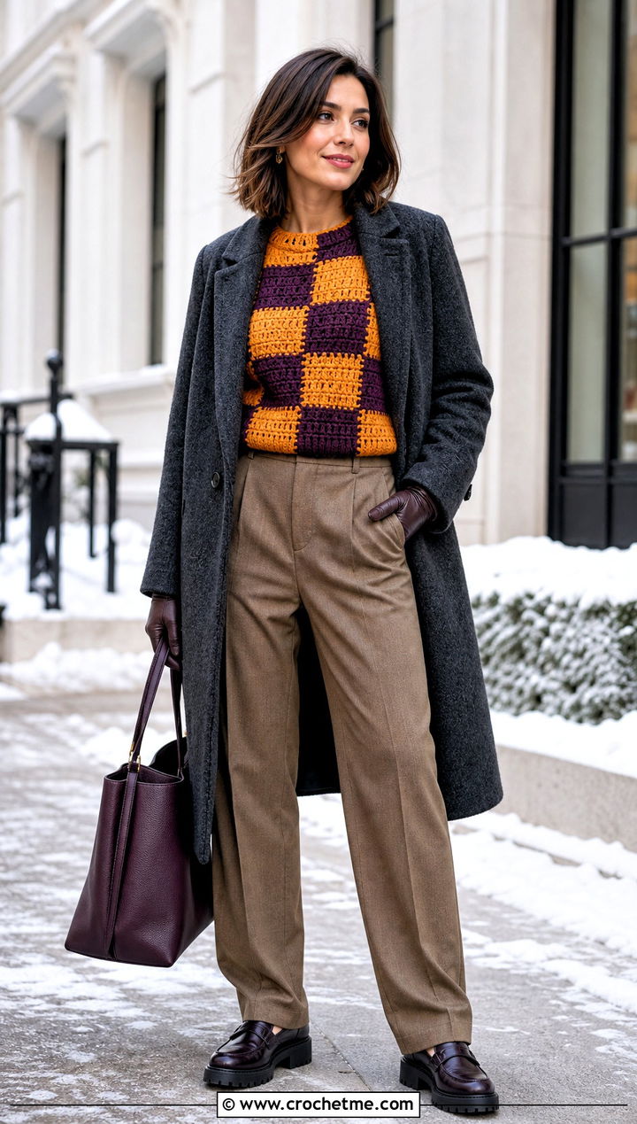 Chunky Checkered Sweater With Wool Coat And Trousers - 30 crochet checkered sweater outfit ideas