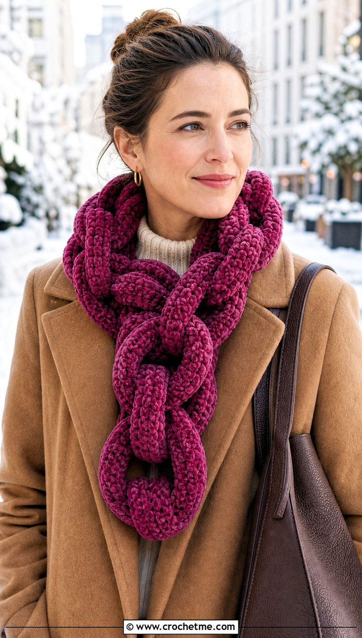 Chunky Chenille Chain Link Scarf With Wool Coat - 25 Crochet Chain Link Scarf outfit ideas