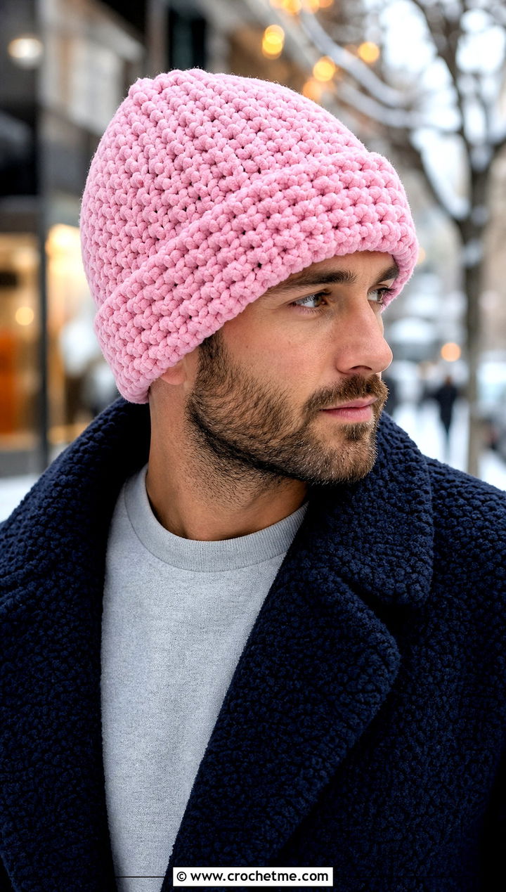 Chunky Chenille Crochet Beanie With Teddy Coat - 25 easy men's crochet beanie outfit ideas