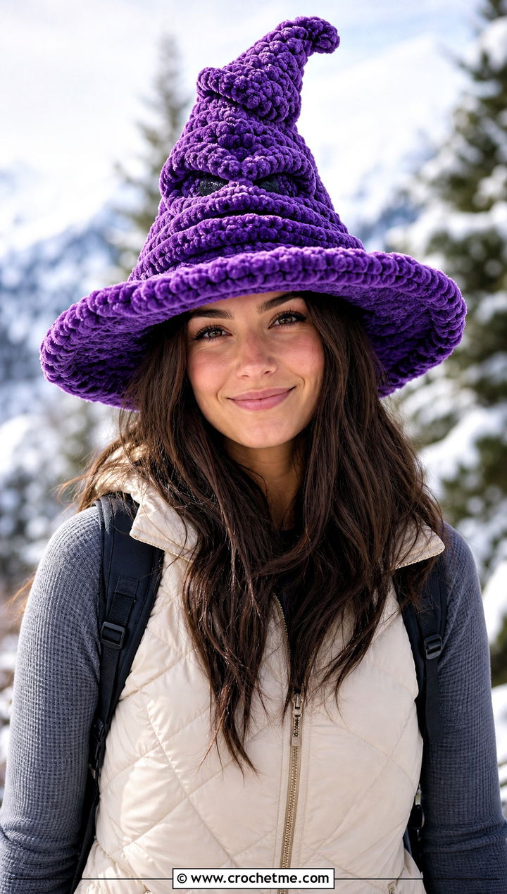 Chunky Chenille Crochet Sorting Hat With Puffer Vest - 35 crochet sorting hat outfit ideas
