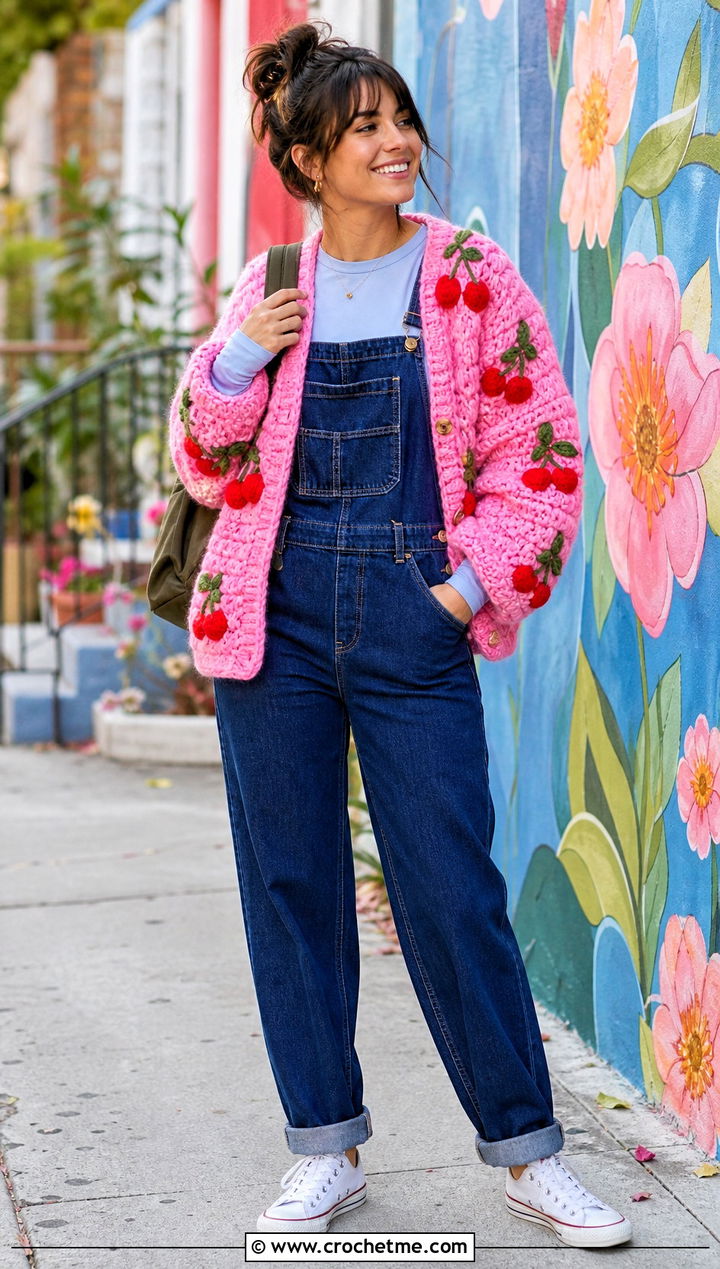 Chunky Cherry Crochet Cardigan With Denim Overalls - 30 cherry crochet cardigan outfit ideas