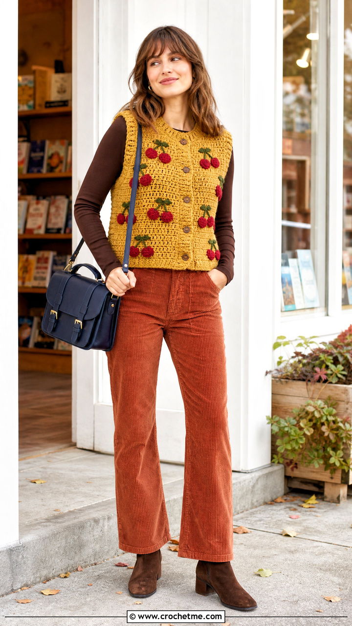 Chunky Cherry Crochet Vest With Corduroy Pants - 35 crochet cherry top outfit ideas