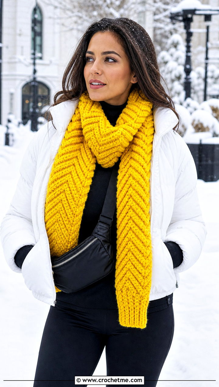 Chunky Chevron Crochet Scarf With Puffer Jacket - 25 Zig Zag Crochet Scarf outfit ideas