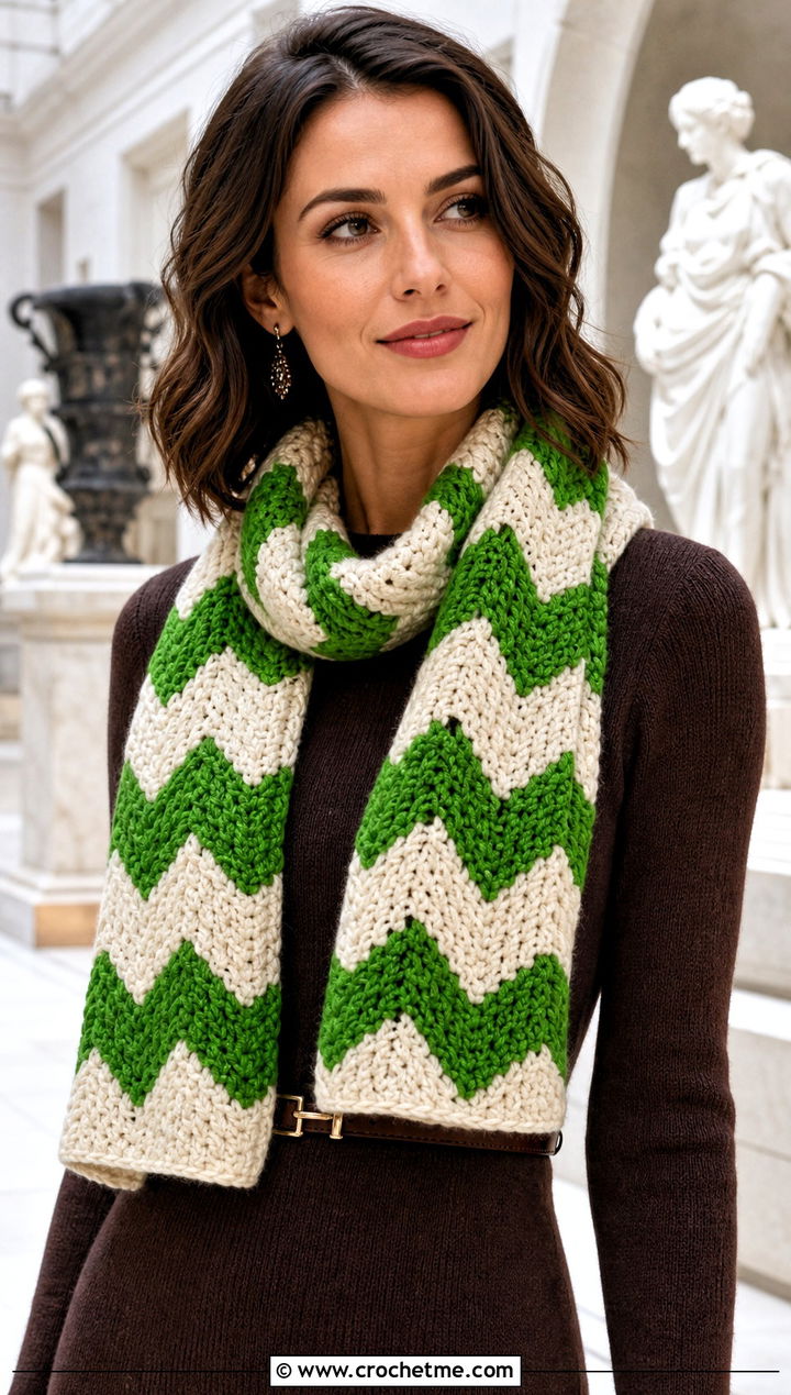 Chunky Chevron Crochet Scarf With Sweater Dress - 25 Chunky Yarn Crochet Scarf outfit ideas
