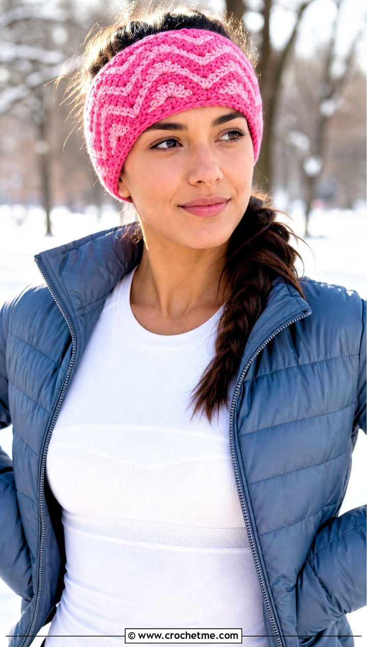 Chunky Chevron Headband With Puffer Jacket And Leggings - 15 Crochet Chevron Headband outfit ideas