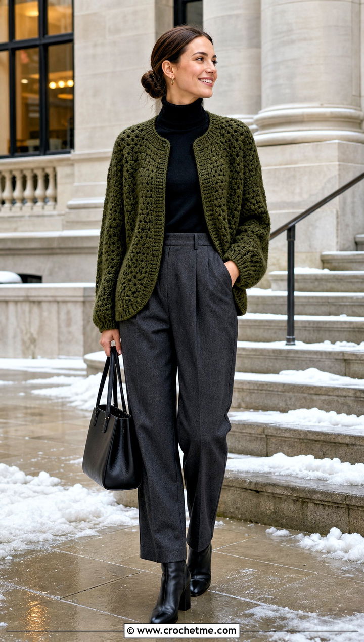 Chunky Circle Cardigan With Turtleneck And Wool Trousers - 30 crochet circle cardigan outfit ideas