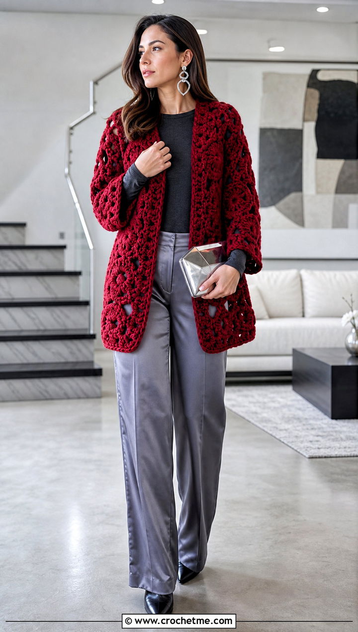 Chunky Circle Crochet Cardigan With Satin Pants - 25 circle crochet cardigan outfit ideas