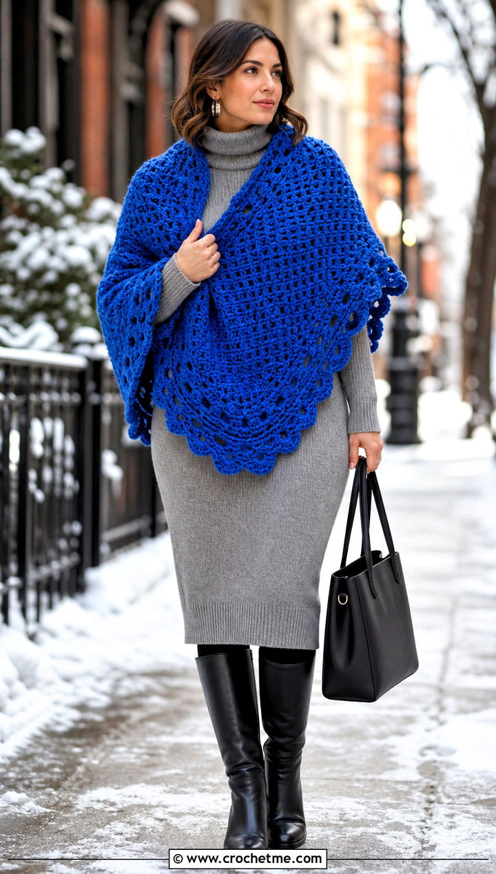 Chunky Circle Crochet Shawl With Sweater Dress - 20 Circle Crochet Shawl outfit ideas
