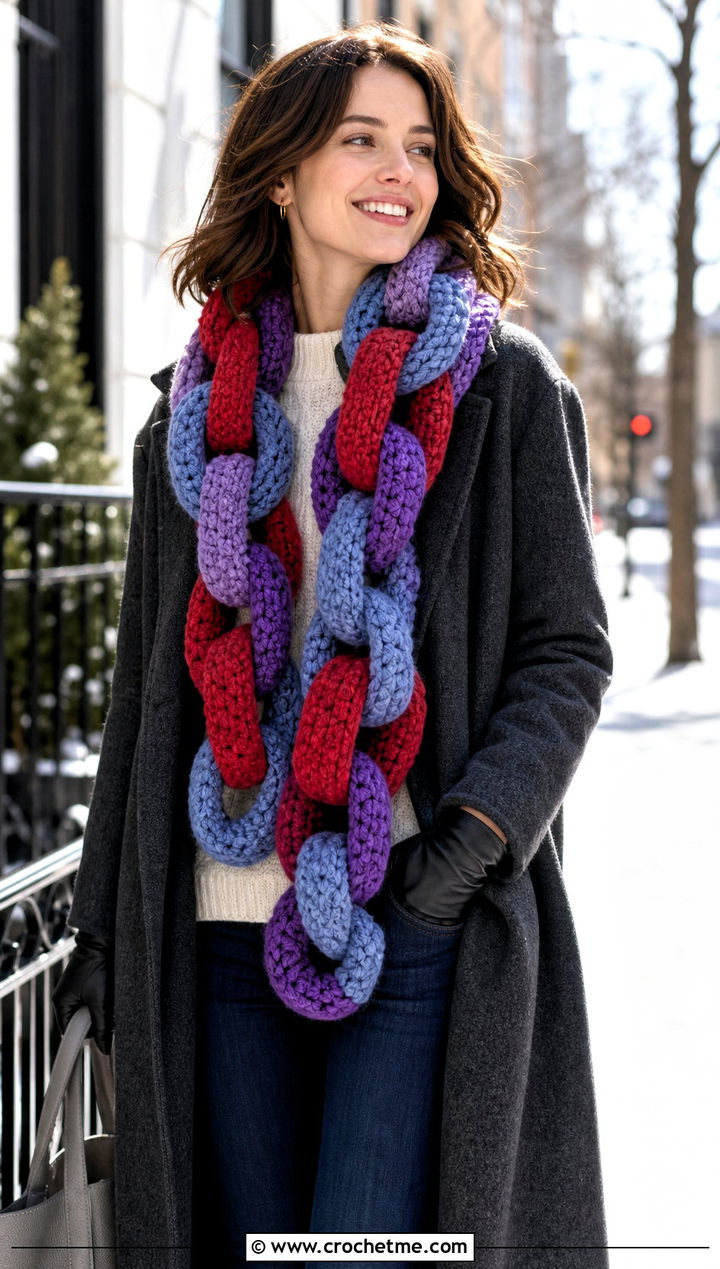 Chunky Circle Link Crochet Scarf With Wool Coat And Straight Jeans - 15 crochet scarf with colorful circles outfit ideas