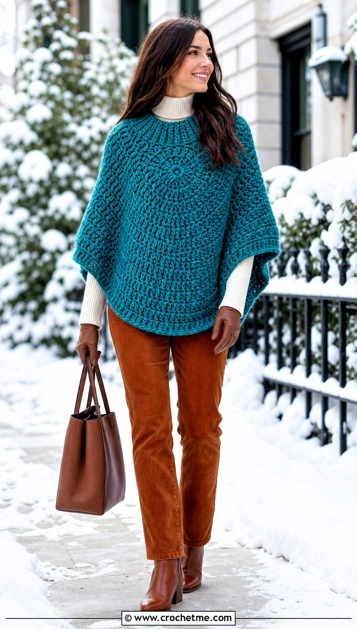 Chunky Circle Poncho With Corduroy Pants - 25 Crochet Circle Poncho outfit ideas