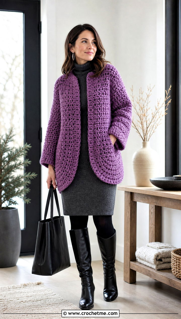 Chunky Circular Jacket With Sweater Dress - 15 Crochet Circular Jacket outfit ideas