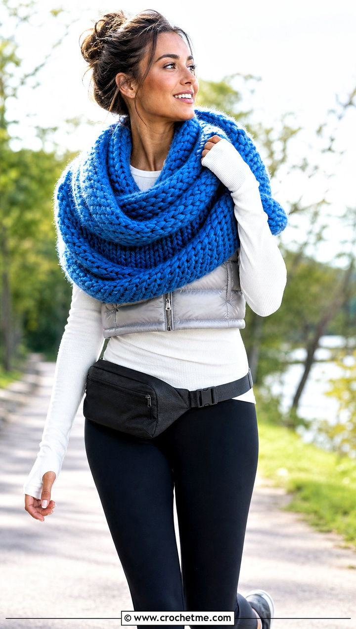 Chunky Circular Shawl With Leggings And Sneakers - 30 crochet circular shawl outfit ideas