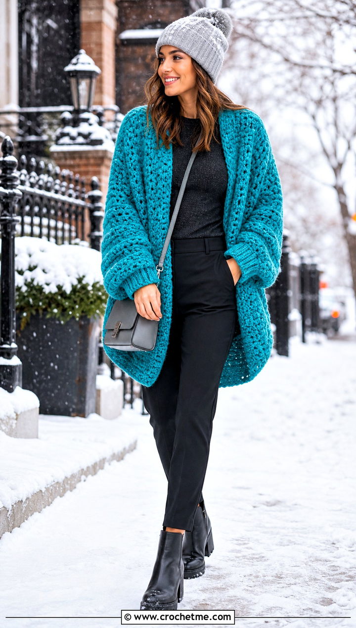 Chunky Cocoon Crochet Cardigan With Cuffed Beanie and Tapered Pants - 15 Crochet Cardigan With Hat outfit ideas