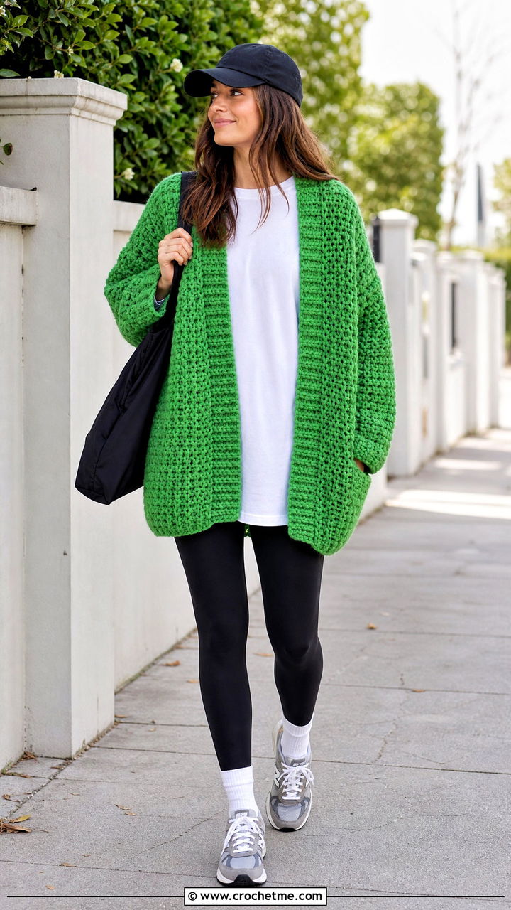 Chunky Cocoon Crochet Cardigan With Leggings - 35 oversized crochet cardigan outfit ideas