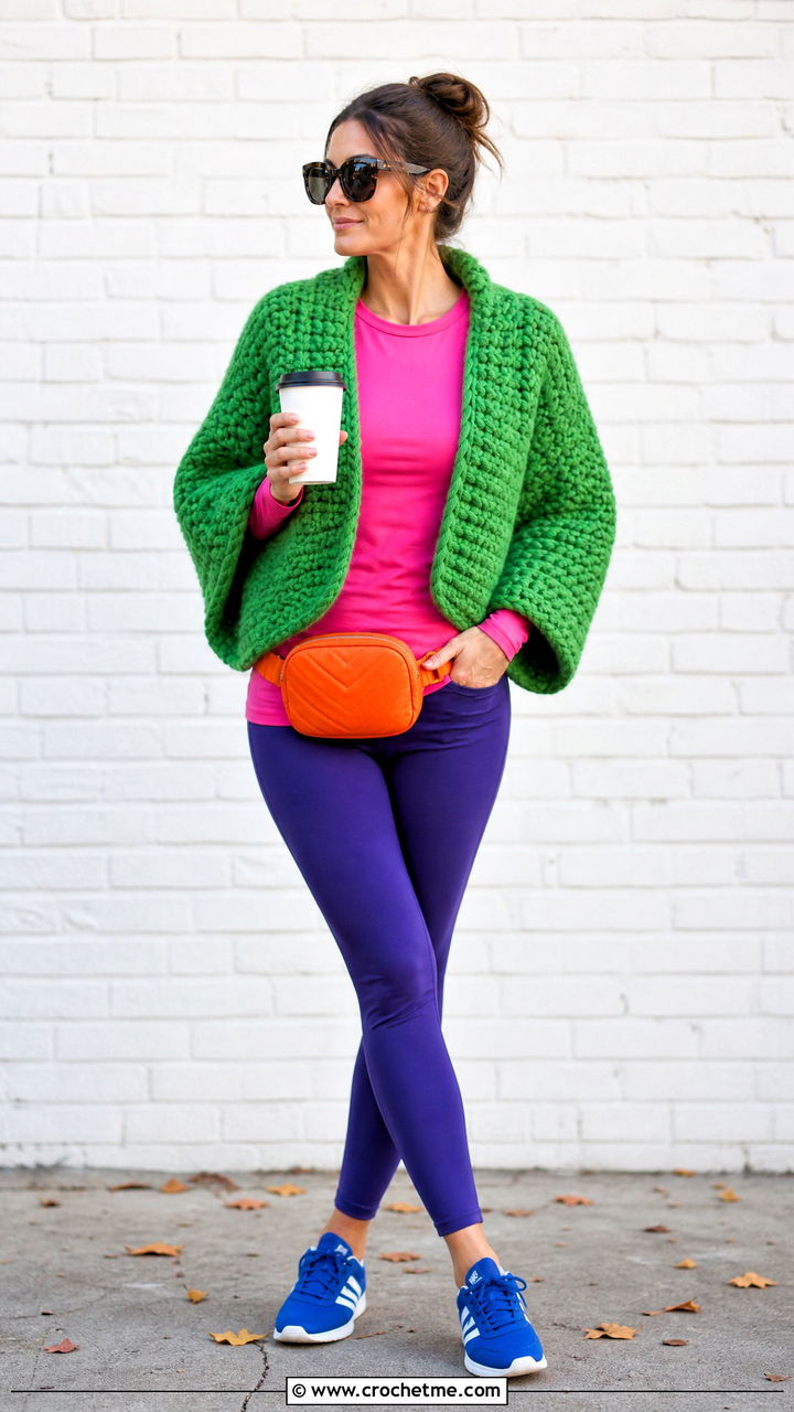 Chunky Cocoon Crochet Shrug With Leggings - 35 crochet shrug outfit ideas