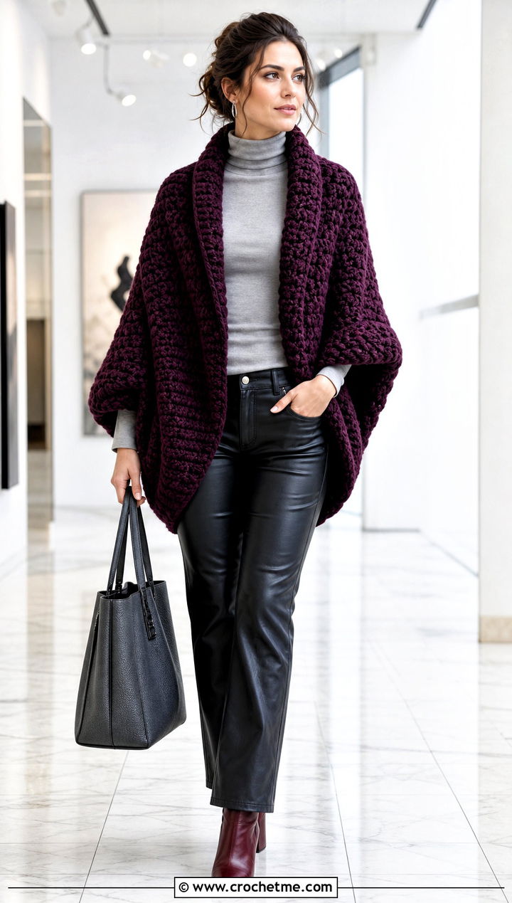 Chunky Cocoon Crochet Wrap Shrug With Leather Pants - 35 Crochet Wrap Shrug outfit ideas