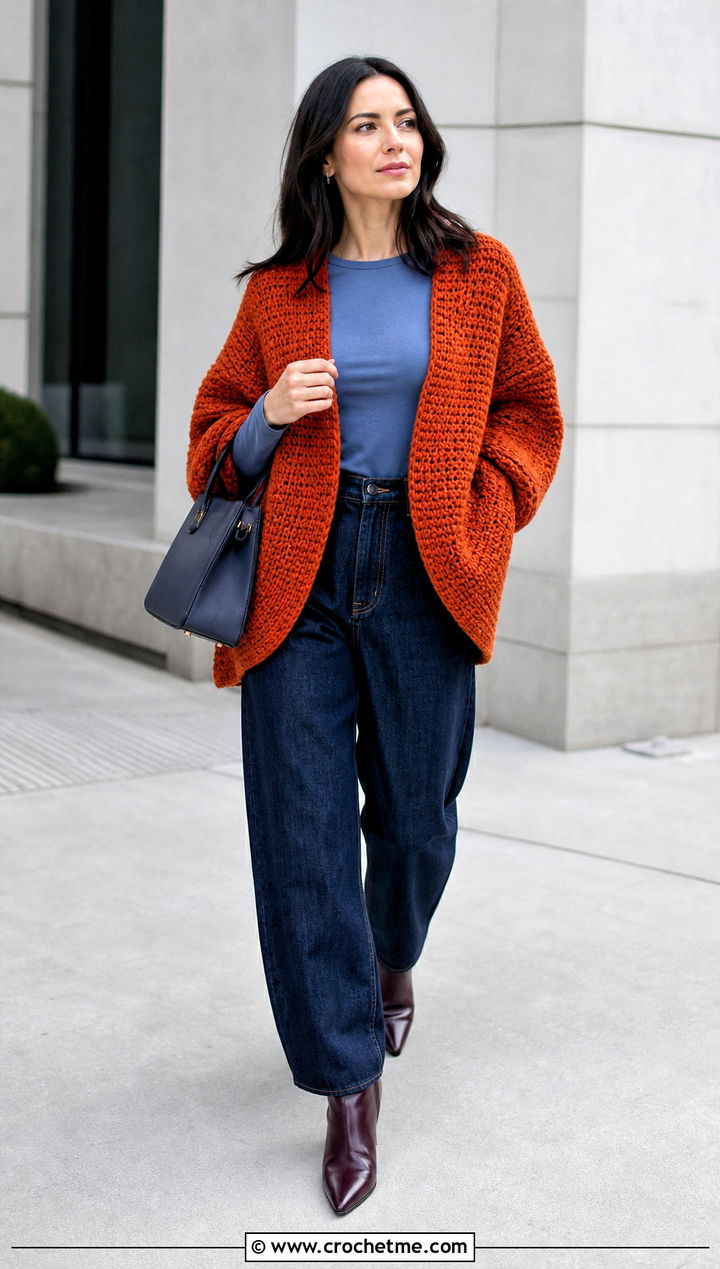 Chunky Cocoon Hexagon Cardigan With Barrel Jeans - 30 chunky crochet hexagon cardigan outfit ideas