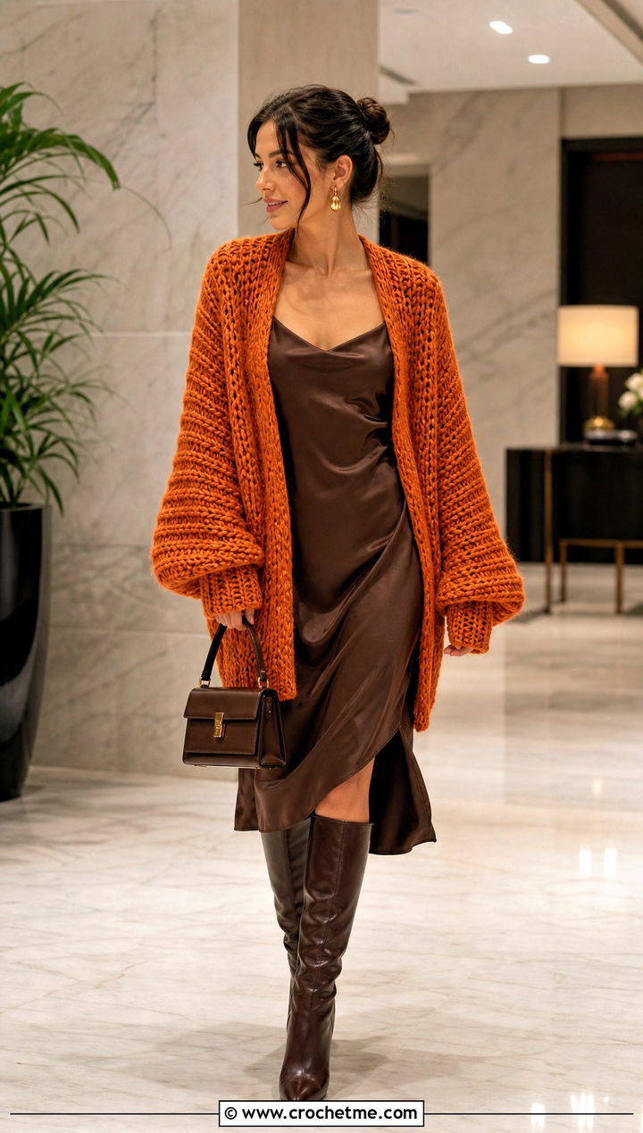 Chunky Cocoon Knit Look Crochet Cardigan With Slip Dress - 25 Knit Look Crochet Cardigan outfit ideas