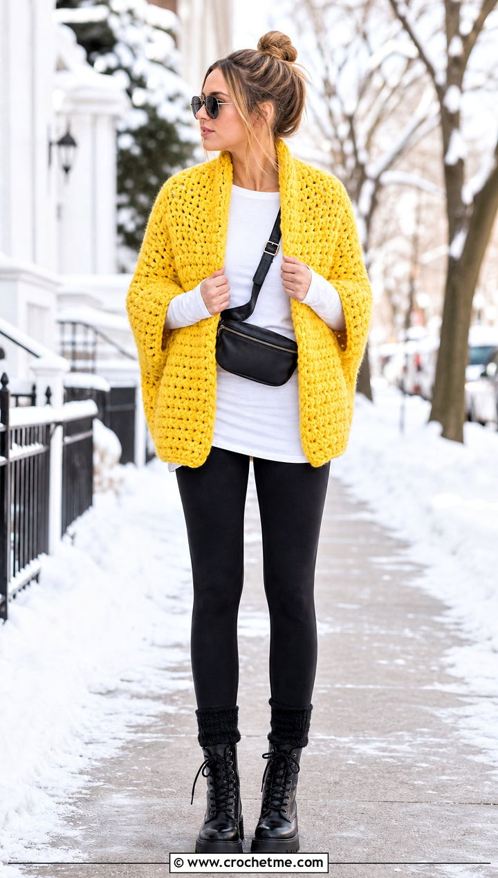 Chunky Cocoon Rectangle Crochet Shrug With Leggings - 20 Rectangle Crochet Shrug outfit ideas